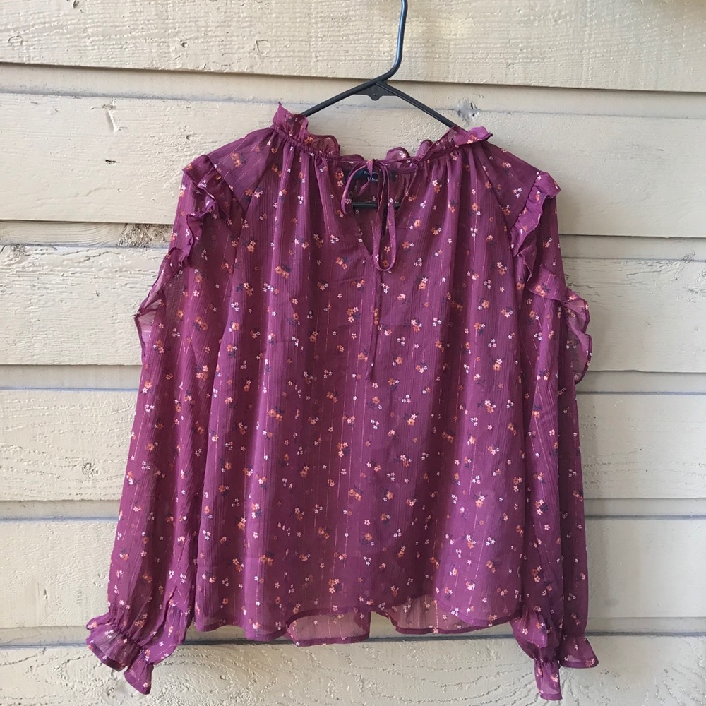 Blashe Maroon Flower Sheer Ruffled Blouse